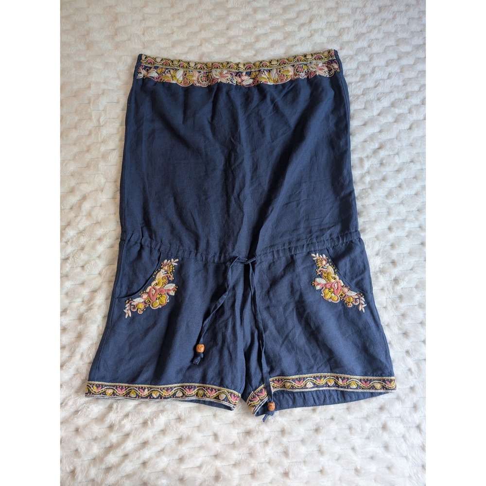 Miss Me Embroidered Romper Drawstring Waist Pockets Blue Boho Size L‎